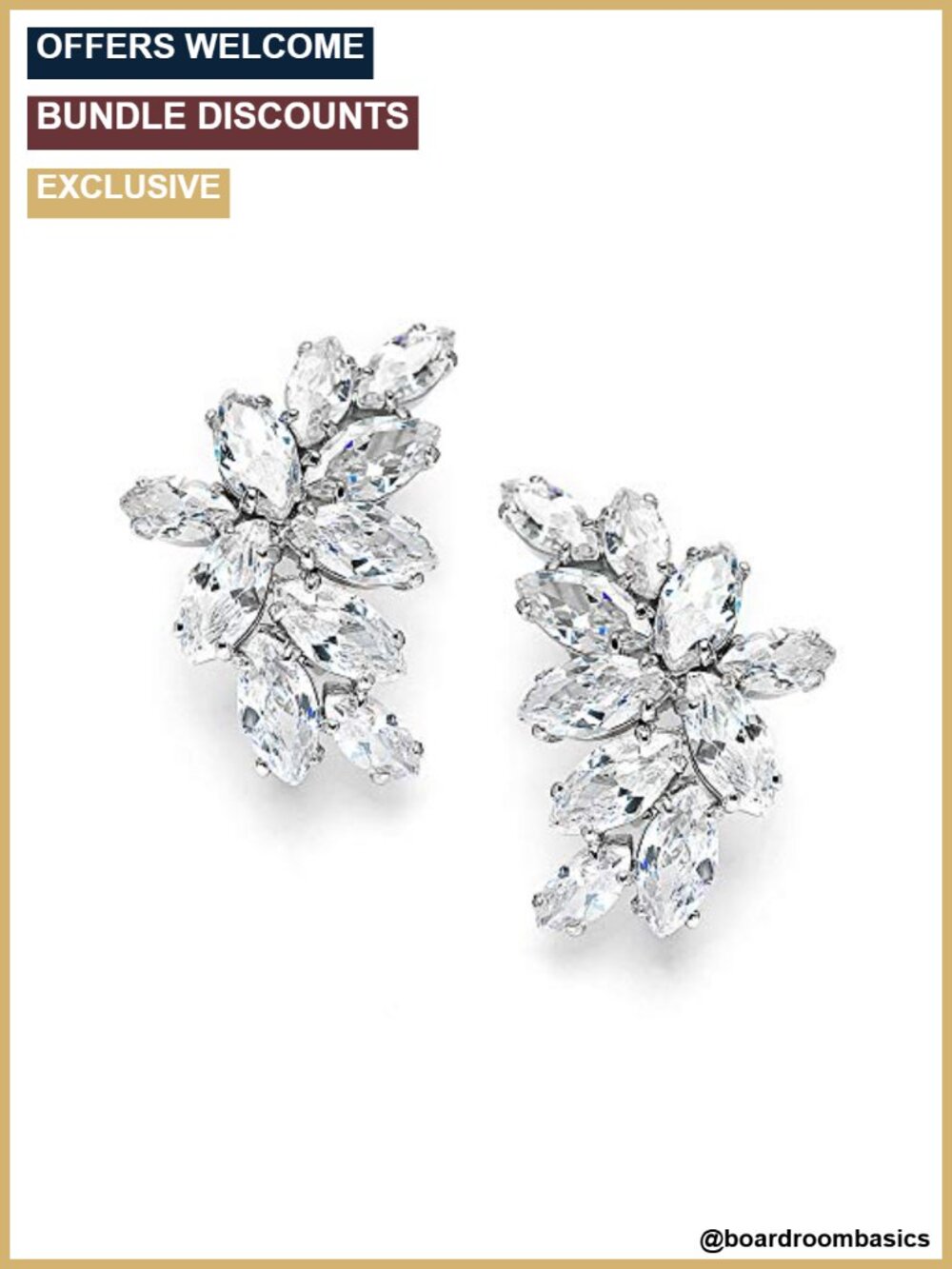 Clip-On Cubic Zirconia Bridal Earrings Marquise Crystal Rhodium Plated Silver